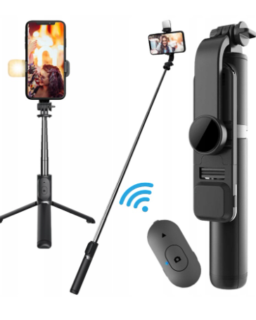 Palo de Selfie MOX MO-SS26 - Con Luz LED y Control Remoto - Bluetooth - Tripode - Negro